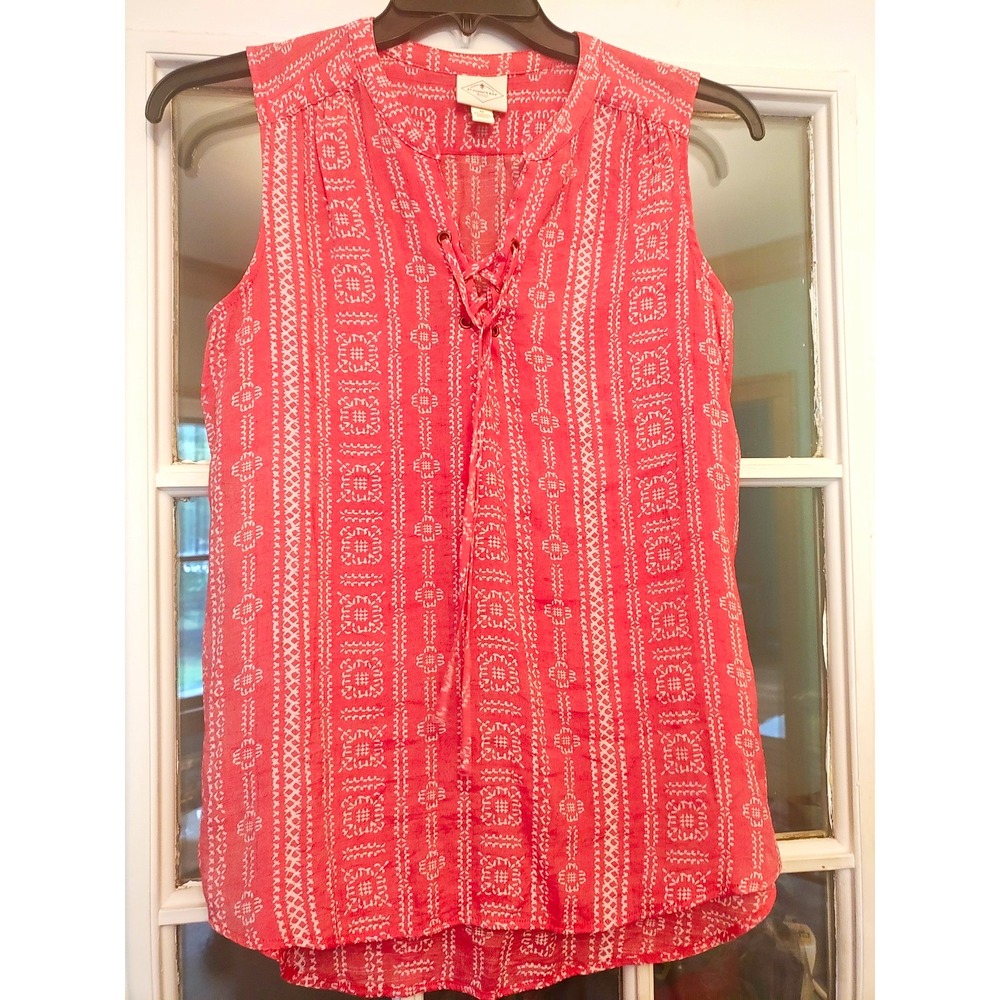 St. John's Bay M Pink White Geometric Sleeveless V-Neck Tie Blouse Woven